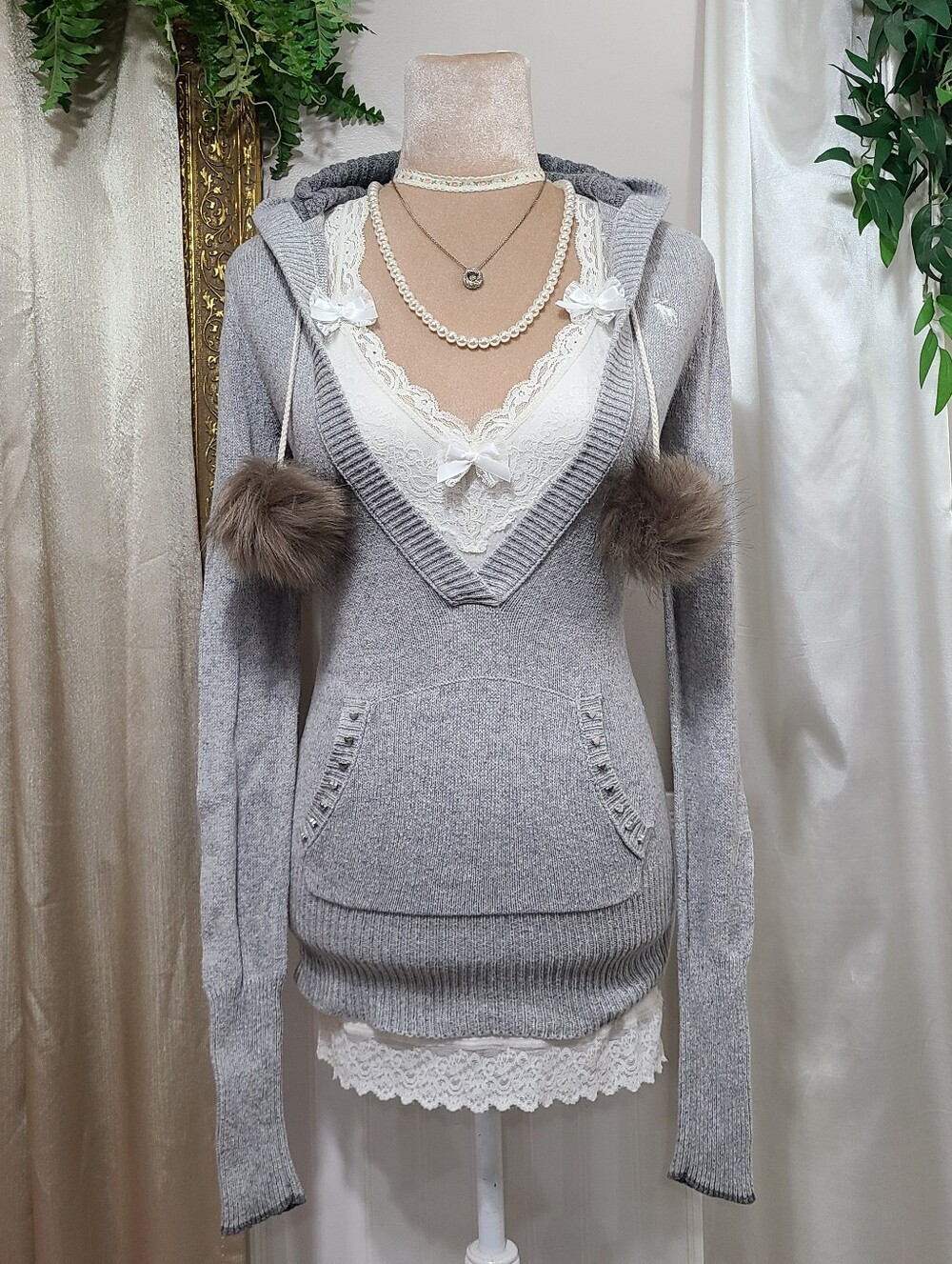♡ Y2K ♡ Abercrombie Angora Rabbit Hair Hooded Babydoll V Neck Hearts Sweater Top